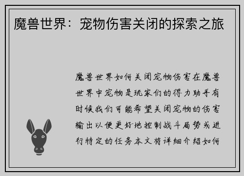 魔兽世界：宠物伤害关闭的探索之旅